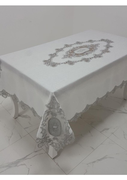 Asya Lüx Dantelli Simli Keten Kumaş Krem Masa Örtüsü Dikdörtgen 160x230 cm - 1168