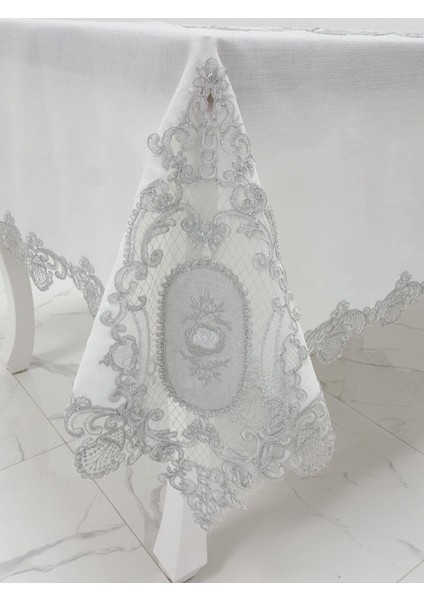 Asya Lüx Dantelli Simli Keten Kumaş Krem Masa Örtüsü Dikdörtgen 160x230 cm - 1168 fiyatları