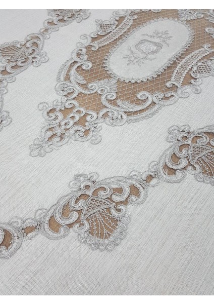 Asya Lüx Dantelli Simli Keten Kumaş Krem Masa Örtüsü Dikdörtgen 160x230 cm - 1168 modelleri