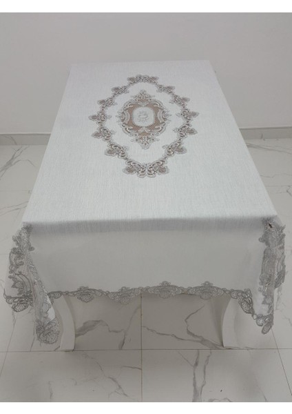 Asya Lüx Dantelli Simli Keten Kumaş Krem Masa Örtüsü Dikdörtgen 160x230 cm - 1168 fırsatları