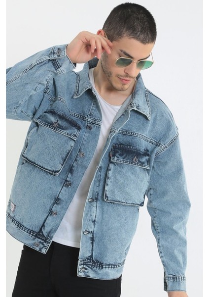 Erkek Buz Mavi Körüklü Cep Oversize Kot Ceket
