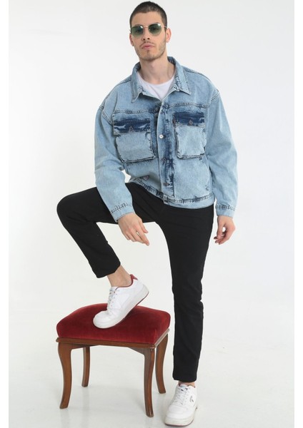 Erkek Buz Mavi Körüklü Cep Oversize Kot Ceket fiyatları