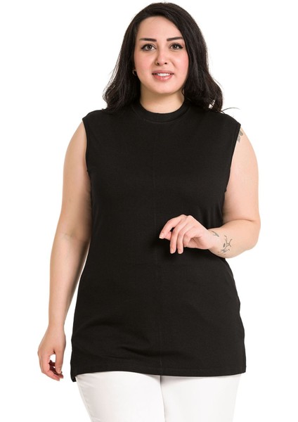 Büyük Beden Yarım Balıkçı Yanları Yırtmaçlı Uzun Viskon Siyah Body