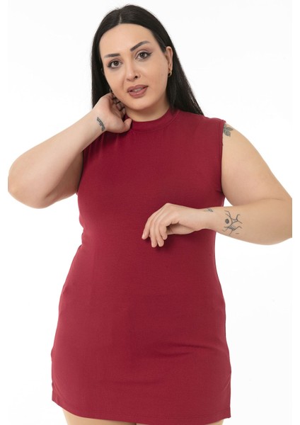 Büyük Beden Yarım Balıkçı Yanları Yırtmaçlı Uzun Viskon Bordo Body