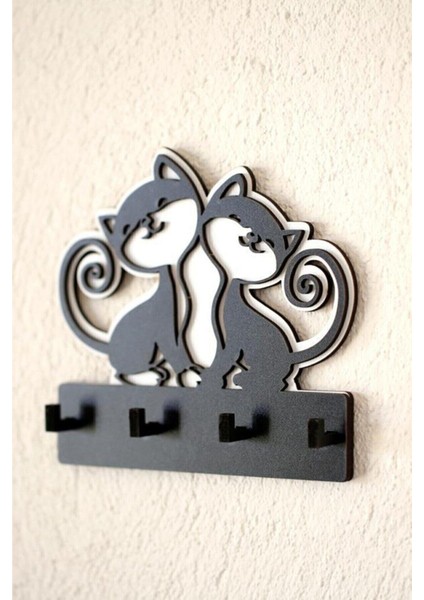 Siyah Dekoratif Sevimli Kedili Anahtar Askısı Ahşap Anahtarlık