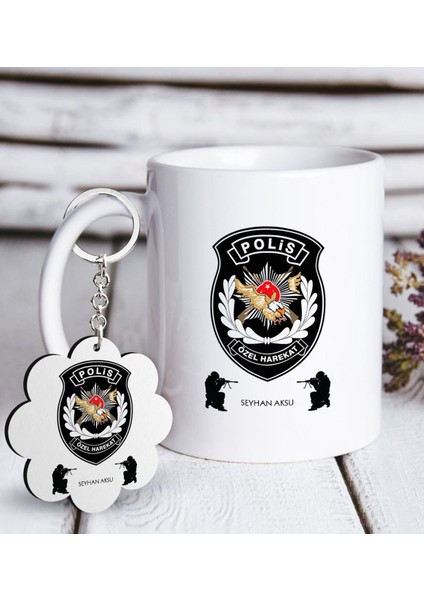 Kişiye Özel Mesleki Polis Özel Harekat Beyaz Kupa ve Anahtarlık Hediye Seti