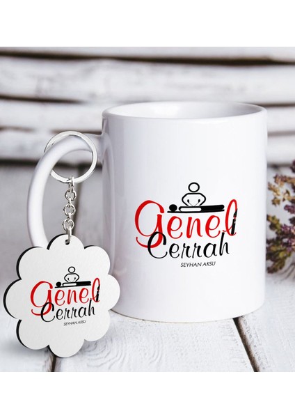 Kişiye Özel Mesleki Genel Cerrah Beyaz Kupa ve Anahtarlık Hediye Seti-1
