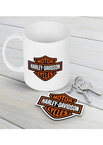 Harley Davidson Beyaz Kupa ve Ahşap Anahtarlık Seti-7