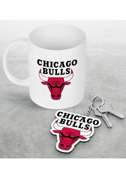 Nba Chicago Bulls Beyaz Kupa ve Ahşap Anahtarlık Seti