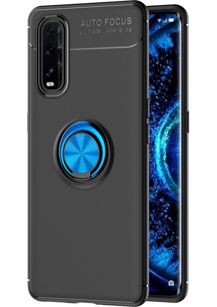 Oppo Find X2 Kılıf Yüzüklü Silikon Range - Siyah-Mavi