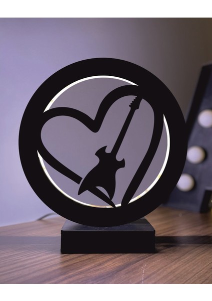 Kalp Gitar Müzik LED Masa Lambası Ahşap