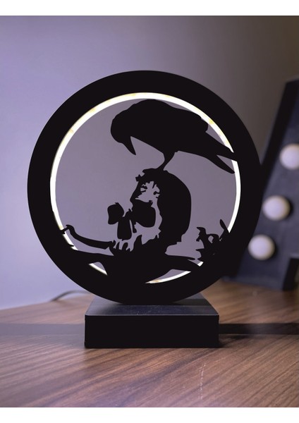 Karga Crow Figürü LED Masa Lambası Ahşap