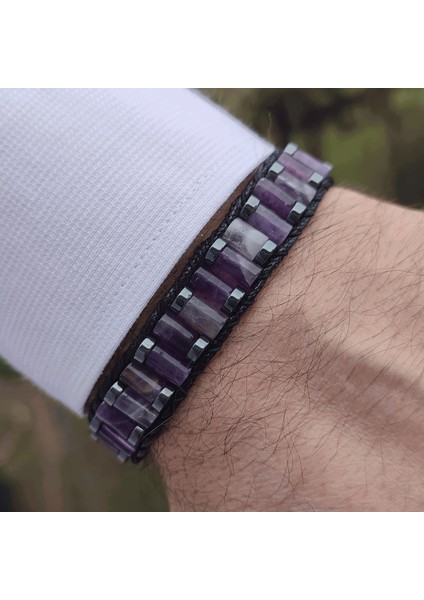 Jewellery Ametist & Hematit Taşı Silindir Bileklik