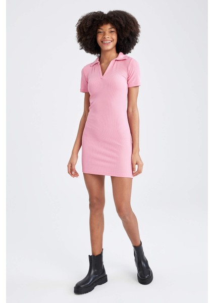 Polo Yaka Kısa Kollu Mini Elbise Y0608AZ22SP