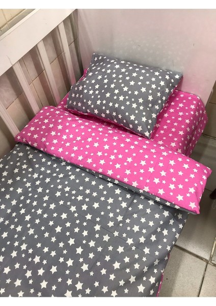 Pamuk Bebek/çocuk Yastık Çarşaf Yorgan Seti Pembe Gri Yıldızlı