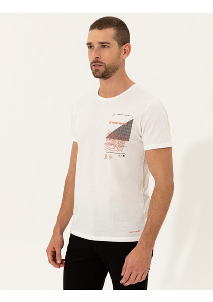 Erkek Ekru Slim Fit Bisiklet Yaka Tişört 50249690-VR019