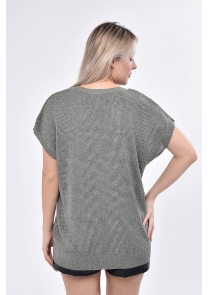 V Yaka Lurex Simli Düşük Kol Triko modelleri