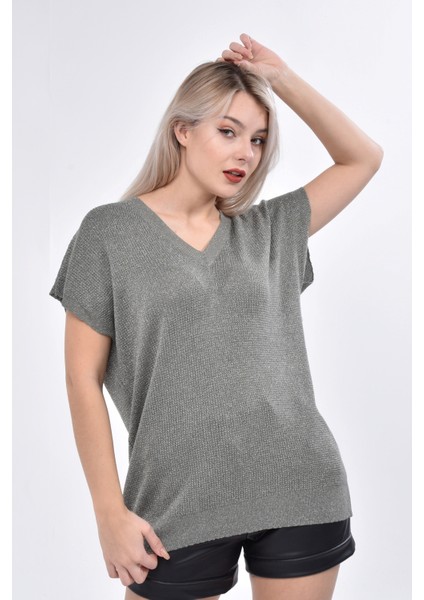 V Yaka Lurex Simli Düşük Kol Triko fırsatları