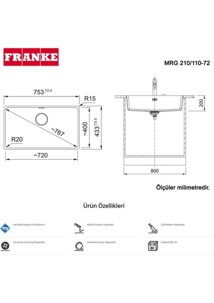 Mrg 210 / 110-72 Granit Evye, Tezgah Altı, Stone Grey Renk