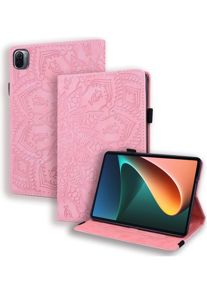 Çiçek Deseni Baskı Standı Tasarım Anti -Fall Deri Tablet Kapak Xiaomi Pad İçin Kart Yuvalı 5/5 Pro - Pembe (Yurt Dışından)