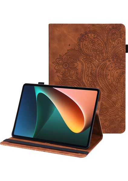 Baskılı Çiçek Stand Tasarımı Deri Tablet Kapak Kılıfı Xiaomi Pad 5/Pad 5 Pro - Kahverengi (Yurt Dışından)