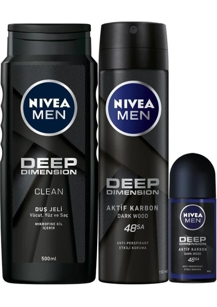 Men Deep Dimension Duş Jeli 500 ml + Sprey Deodorant 150 ml + Roll-On Deodorant 50 ml