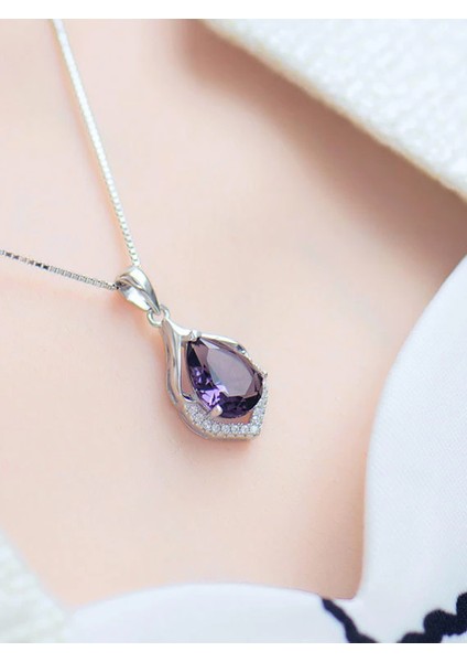 Ametist Damla Kolye 0,10 Karat Zirkon Taş Süslemeli Doğal Taş Kolye Gümüş Renk modelleri