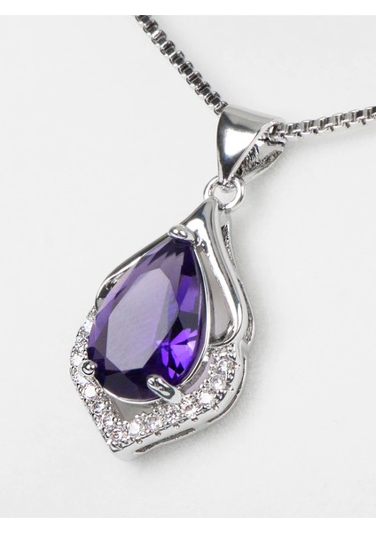 Ametist Damla Kolye 0,10 Karat Zirkon Taş Süslemeli Doğal Taş Kolye Gümüş Renk fırsatları