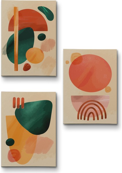 3’lü Tablo Suluboya Şekilleri Soyut Sanat Dekoratif Duvar Kanvas Tablo Seti