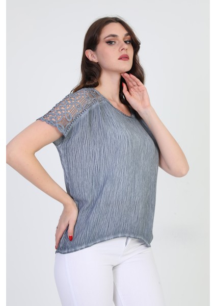Kadın Omzu Dantel Detaylı Bluz 5010062 Indigo