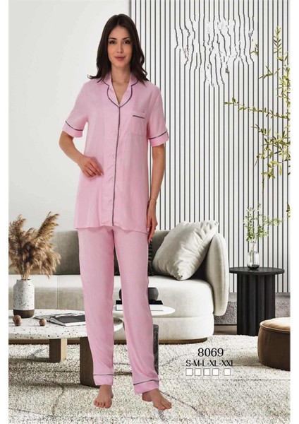 Pembe Önden Düğmeli Kadın Pijama Takımı