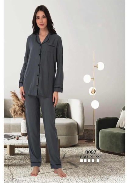 Füme Önden Düğmeli Kadın Pijama Takımı