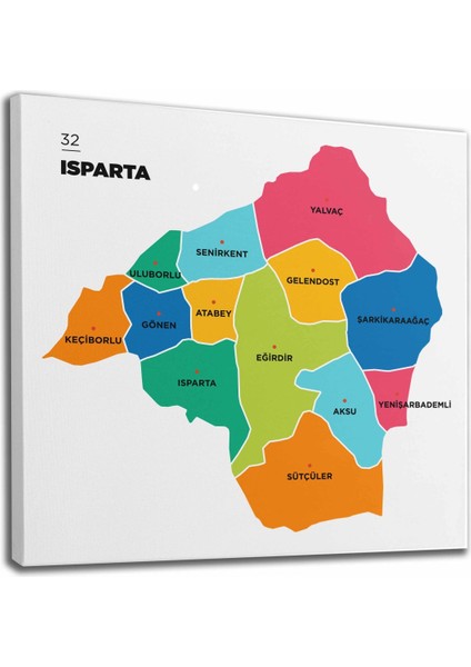 Isparta Ili ve Ilçeler Haritası Dekoratif Kanvas Tablo 1360