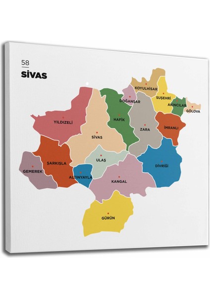 Sivas Ili ve Ilçeler Haritası Dekoratif Kanvas Tablo 1455