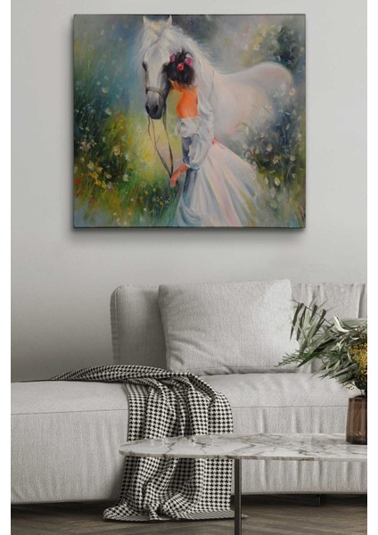 Bayaz At ve Sahibi Kız Yağlıboya Görünüm Dekoratif Kanvas Duvar Tablosu