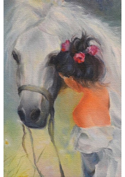 Bayaz At ve Sahibi Kız Yağlıboya Görünüm Dekoratif Kanvas Duvar Tablosu modelleri