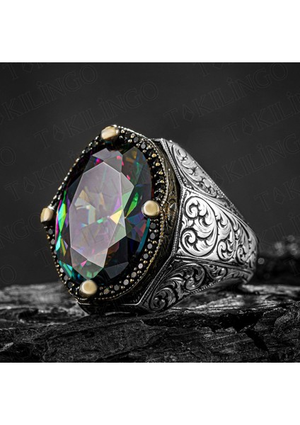 925 Ayar Gümüş Kalem Işlemeli Mistik Topaz Erkek Yüzük