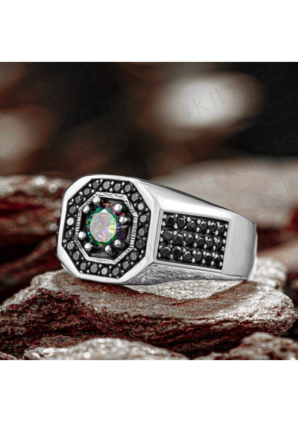 925 Ayar Gümüş Sekizgen Zirkon Detaylı Mistik Topaz Erkek Yüzük