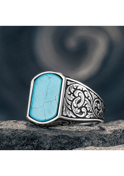 925 Ayar Gümüş Kalem Işlemeli Firüze Taşlı Erkek Yüzük