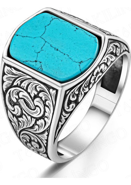 925 Ayar Gümüş Kalem Işlemeli Firüze Taşlı Erkek Yüzük fiyatları