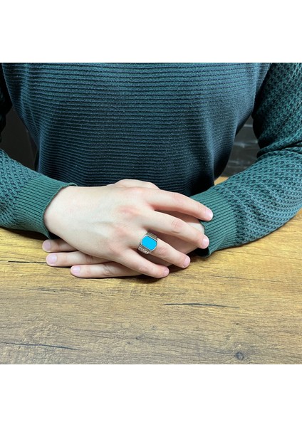925 Ayar Gümüş Kalem Işlemeli Firüze Taşlı Erkek Yüzük modelleri