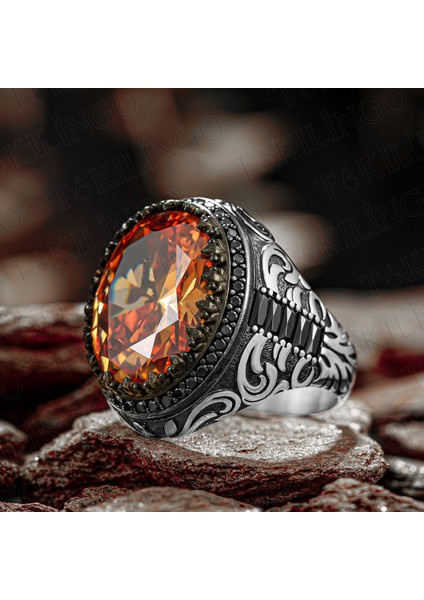 925 Ayar Gümüş Zirkon Detaylı Şampanya Erkek Yüzük