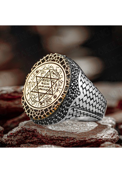 925 Ayar Gümüş Zirkon Detaylı Süleyman Mührü Erkek Yüzük
