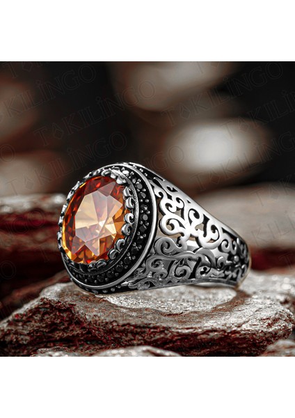 925 Ayar Gümüş Yuvarlak Şampanya Taşlı Erkek Yüzük