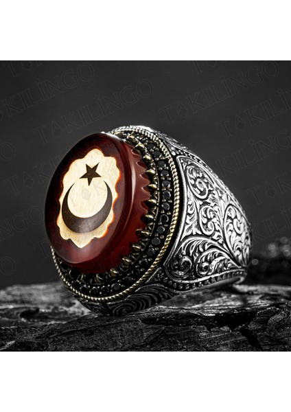925 Ayar Gümüş Kalem Işlemeli Kehribar Taş Üzeri Ay Yıldız Erkek Yüzük