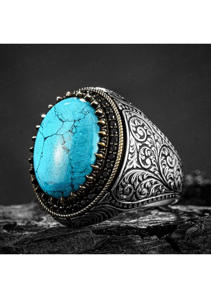 925 Ayar Gümüş Kalem Işlemeli Firuze Taşlı Erkek Yüzük