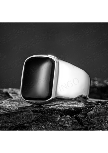 925 Ayar Gümüş Sade Siyah Oniks Taşlı Erkek Yüzük