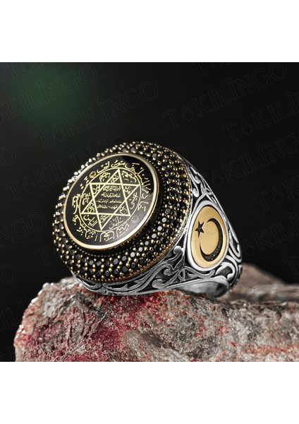 Hz Süleyman Mührü Işlemeli Zirkon Taşlı Gümüş Erkek Yüzük