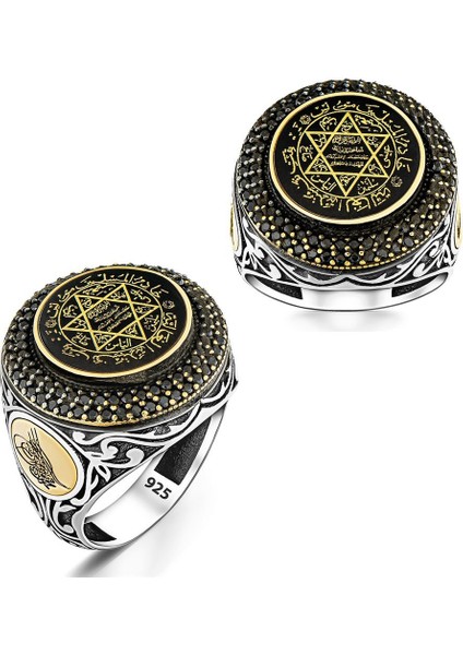 Hz Süleyman Mührü Işlemeli Zirkon Taşlı Gümüş Erkek Yüzük fiyatları