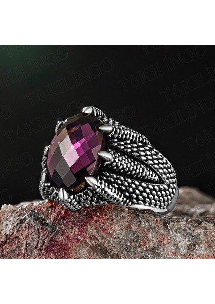 925 Ayar Gümüş Ametist Taşlı Pençeli Erkek Yüzük
